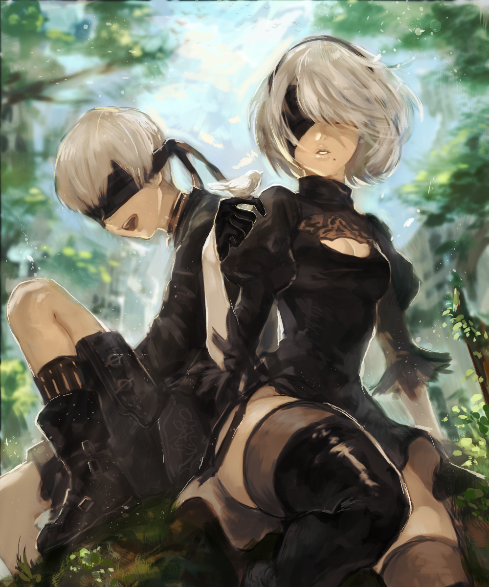 1girl animal bird bird_on_hand black_footwear black_legwear blindfold boots breasts cleavage cleavage_cutout commentary dress gloves grass highres juliet_sleeves lips long_sleeves medium_breasts mole mole_under_mouth nier_(series) nier_automata nima_(niru54) open_mouth pale_skin parted_lips puffy_sleeves short_hair shorts sitting smile thigh_boots thighhighs tree white_hair yorha_no._2_type_b yorha_no._9_type_s