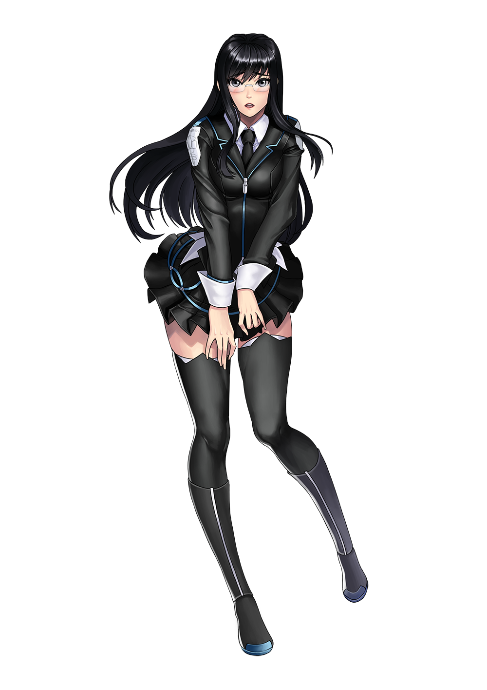 analogue:_a_hate_story bangs black_eyes black_footwear black_hair black_jacket black_legwear black_skirt blush boots breasts collared_shirt dress_shirt eyebrows_visible_through_hair fingernails full_body glasses highres hyun-ae jacket karmiel knee_boots legs_apart lips long_hair long_sleeves looking_at_viewer medium_breasts miniskirt necktie open_mouth pink_lips pleated_skirt rimless_eyewear round_teeth shirt simple_background skirt solo standing teeth thighhighs white_background wing_collar zettai_ryouiki