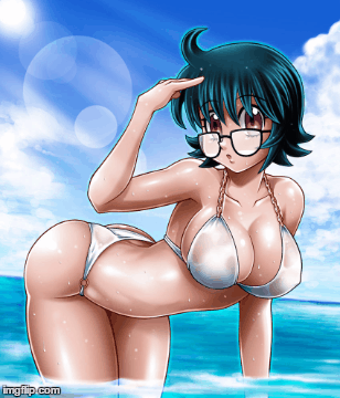 :o ahoge animated animated_gif ass bikini black-framed_eyewear black_hair blue_sky breasts cleavage cloud collarbone commentary day fart glasses hoimin_(anchangdeath) hunter_x_hunter large_breasts lens_flare lowres open_mouth purple_eyes shizuku_(hunter_x_hunter) short_hair sky solo swimsuit water white_bikini
