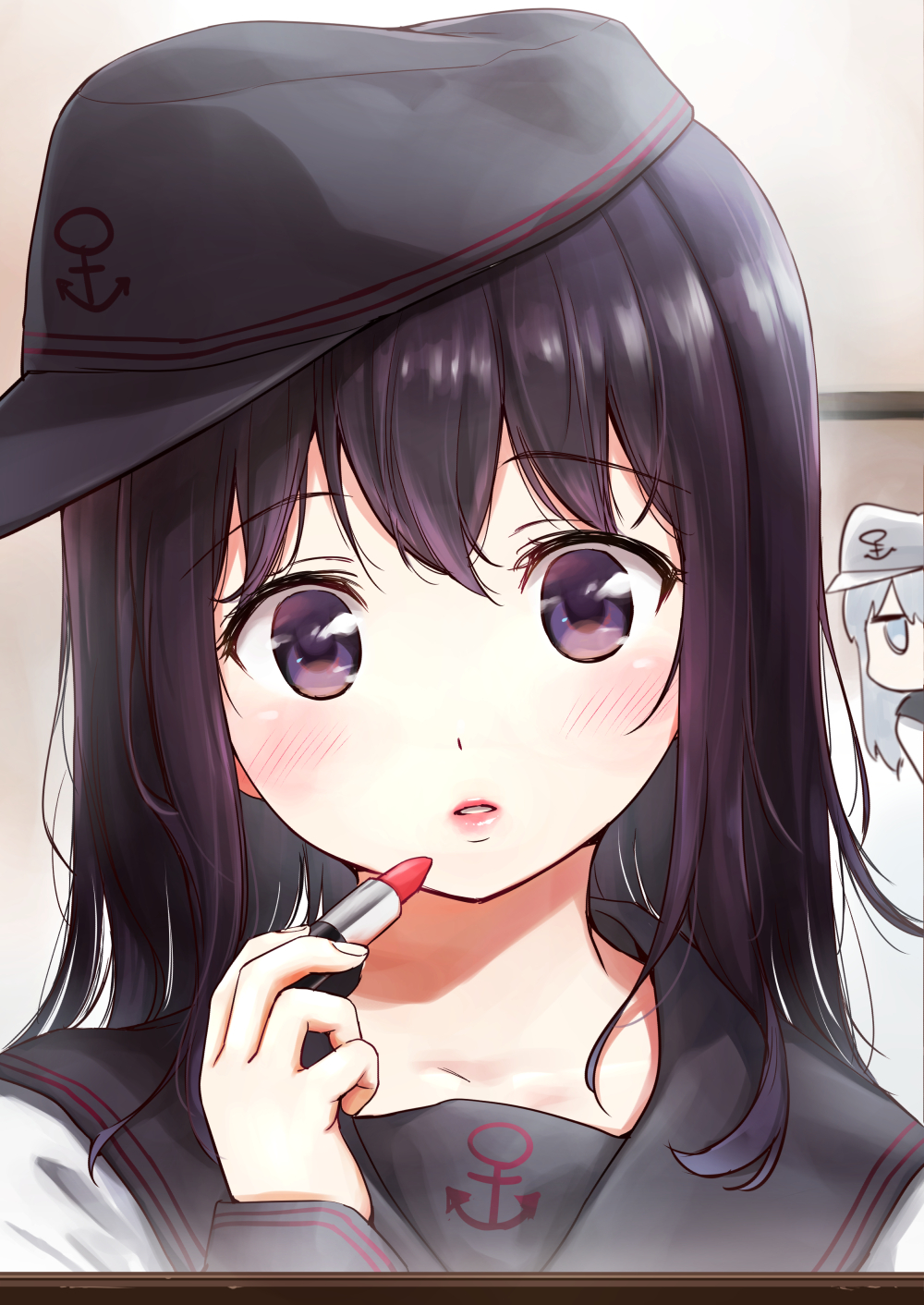 akatsuki_(kantai_collection) anchor_symbol blue_eyes blush commentary_request female_pov flat_cap hair_between_eyes hat hibiki_(kantai_collection) highres jitome kantai_collection lips lipstick lipstick_tube long_hair looking_at_another looking_at_viewer makeup md5_mismatch mirror multiple_girls parted_lips peeping pov purple_eyes purple_hair reflection remodel_(kantai_collection) school_uniform serafuku silver_hair umakuchi_shouyu upper_body verniy_(kantai_collection)