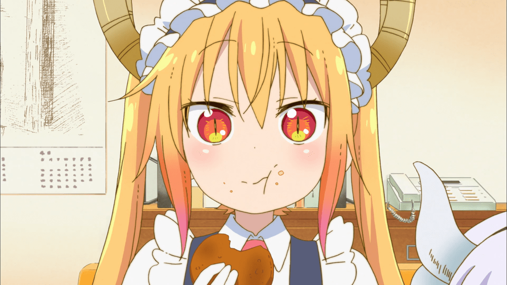 1girl animated dragon_girl eating food gloves horns kobayashi-san_chi_no_maidragon maid_headdress solo tooru_(maidragon) twintails