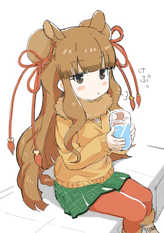 =3 animal_ears ankle_boots bactrian_camel_(kemono_friends) bangs beige_footwear black_ribbon blunt_bangs blush_stickers boots breath brown_eyes brown_hair bun_cover camel_ears camel_tail commentary_request cup double_bun drinking_glass expressionless eyebrows_visible_through_hair eyelashes frills fur-trimmed_boots fur_collar fur_trim green_skirt hair_ornament holding holding_cup jitome jpeg_artifacts kanemaru_(knmr_fd) kemono_friends long_hair long_sleeves looking_away official_art open_mouth orange_sweater pantyhose red_legwear ribbon shadow shoe_ribbon simple_background sitting skirt solo sweater tail triangle_mouth water white_background