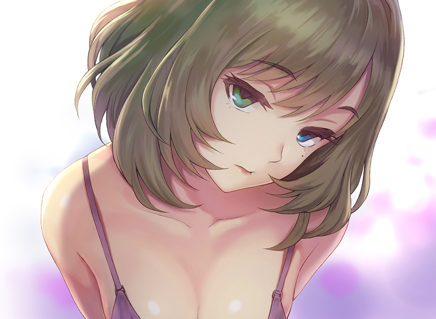 1girl bare_shoulders blue_eyes bra breasts brown_hair cleavage closed_mouth collarbone eyebrows_visible_through_hair green_eyes head_tilt heterochromia idolmaster idolmaster_cinderella_girls leaning_forward looking_at_viewer medium_breasts meto31 mole mole_under_eye purple_bra short_hair solo takagaki_kaede underwear upper_body