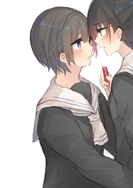 bangs black_hair blush brown_eyes commentary_request eye_contact eyebrows_visible_through_hair from_side hair_between_eyes holding holding_lipstick lipstick long_sleeves looking_at_another makeup multiple_girls open_mouth original parted_lips school_uniform serafuku shikino_yuki short_hair sidelocks simple_background white_background yuri