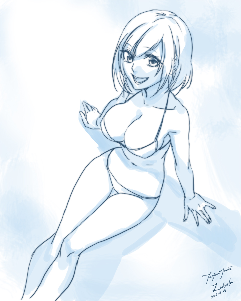 2016 :d arms_at_sides artist_name bangs bare_legs bare_shoulders bikini blue blue_background breasts cleavage collarbone covered_nipples dated fingernails from_above groin large_breasts legs lineart looking_at_viewer midriff monochrome navel open_mouth original shadow short_hair signature sitting smile solo stomach strap_gap string_bikini swimsuit teeth tenjou_tsuki thigh_gap two-tone_background
