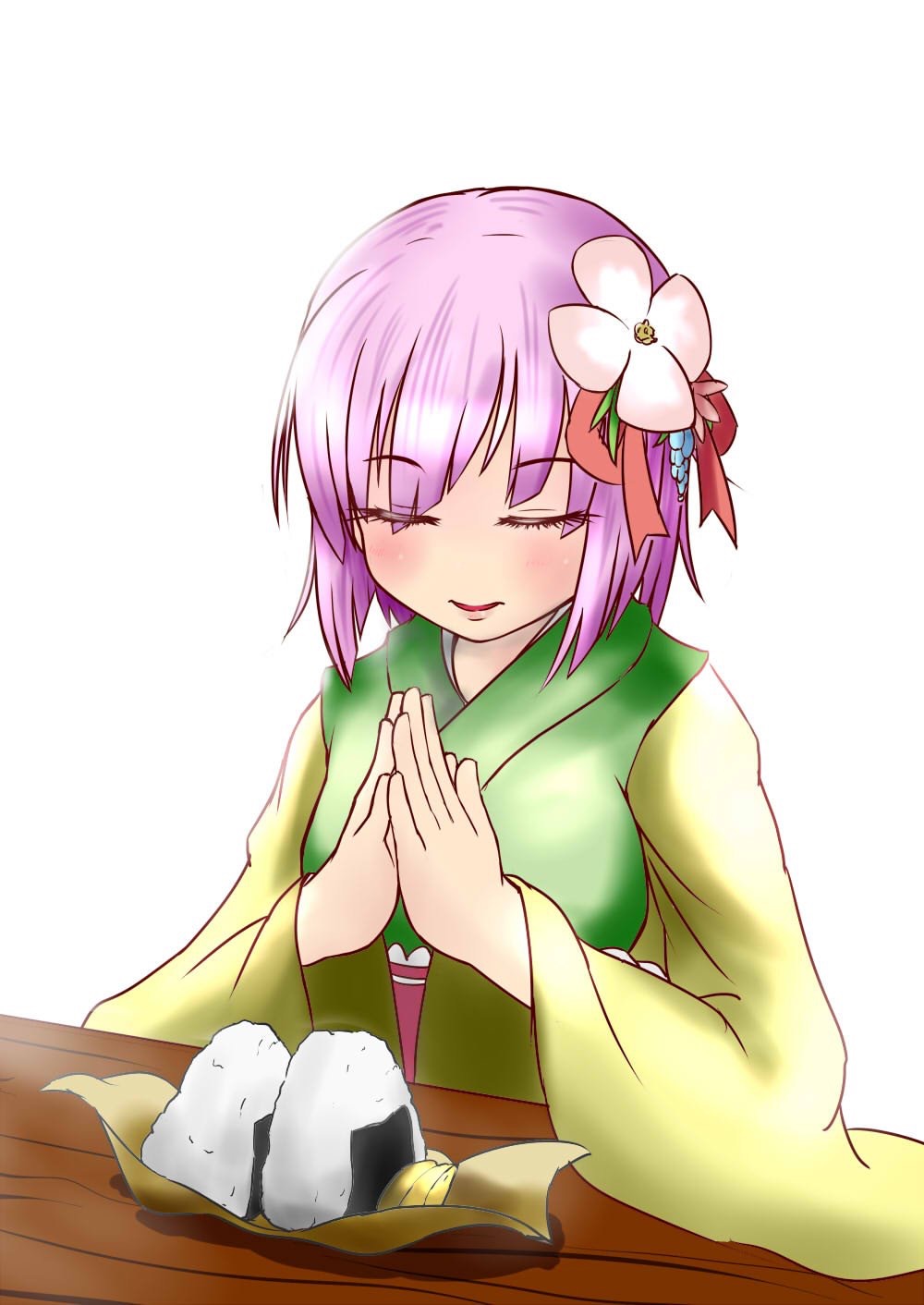 bangs bloom blunt_bangs closed_eyes colored_eyelashes commentary_request eyebrows_visible_through_hair flower food hair_flower hair_ornament hands_together hieda_no_akyuu highres hiroshi_12 japanese_clothes kimono lips obi onigiri purple_hair sash simple_background solo table touhou white_background wrapper