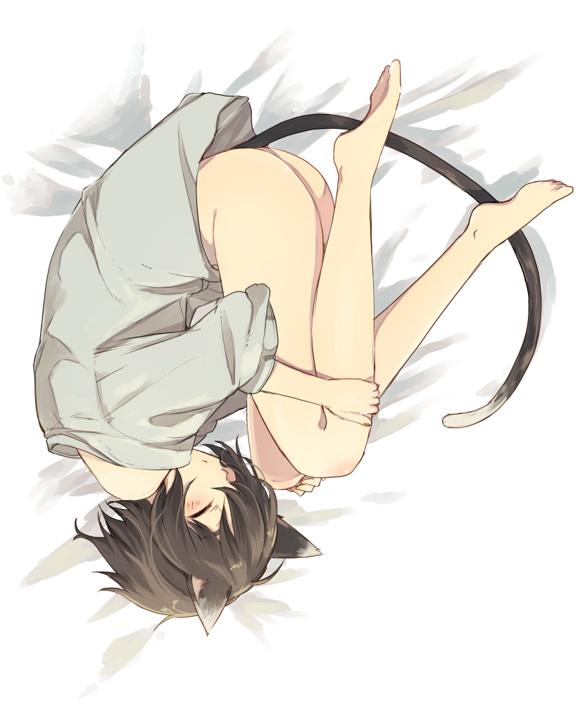1boy animal_ears ass barefoot black_hair blush bottomless cat_ears cat_tail eyes_closed feet lying male_focus on_side shota simple_background sleeping solo tail