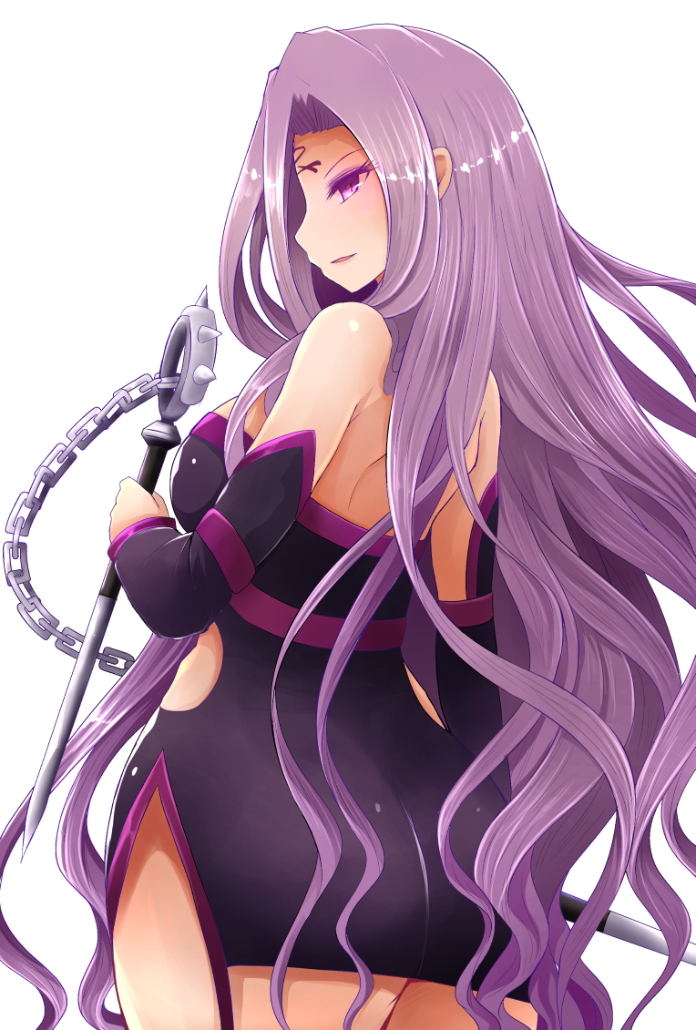 arano_oki bare_shoulders black_dress blush breasts chain commentary_request cowboy_shot dress dual_wielding eyeshadow facial_mark fate/grand_order fate_(series) forehead_mark holding holding_weapon long_hair makeup medium_breasts nameless_dagger parted_lips pink_eyes profile purple_hair rider short_dress smile solo very_long_hair wavy_hair weapon