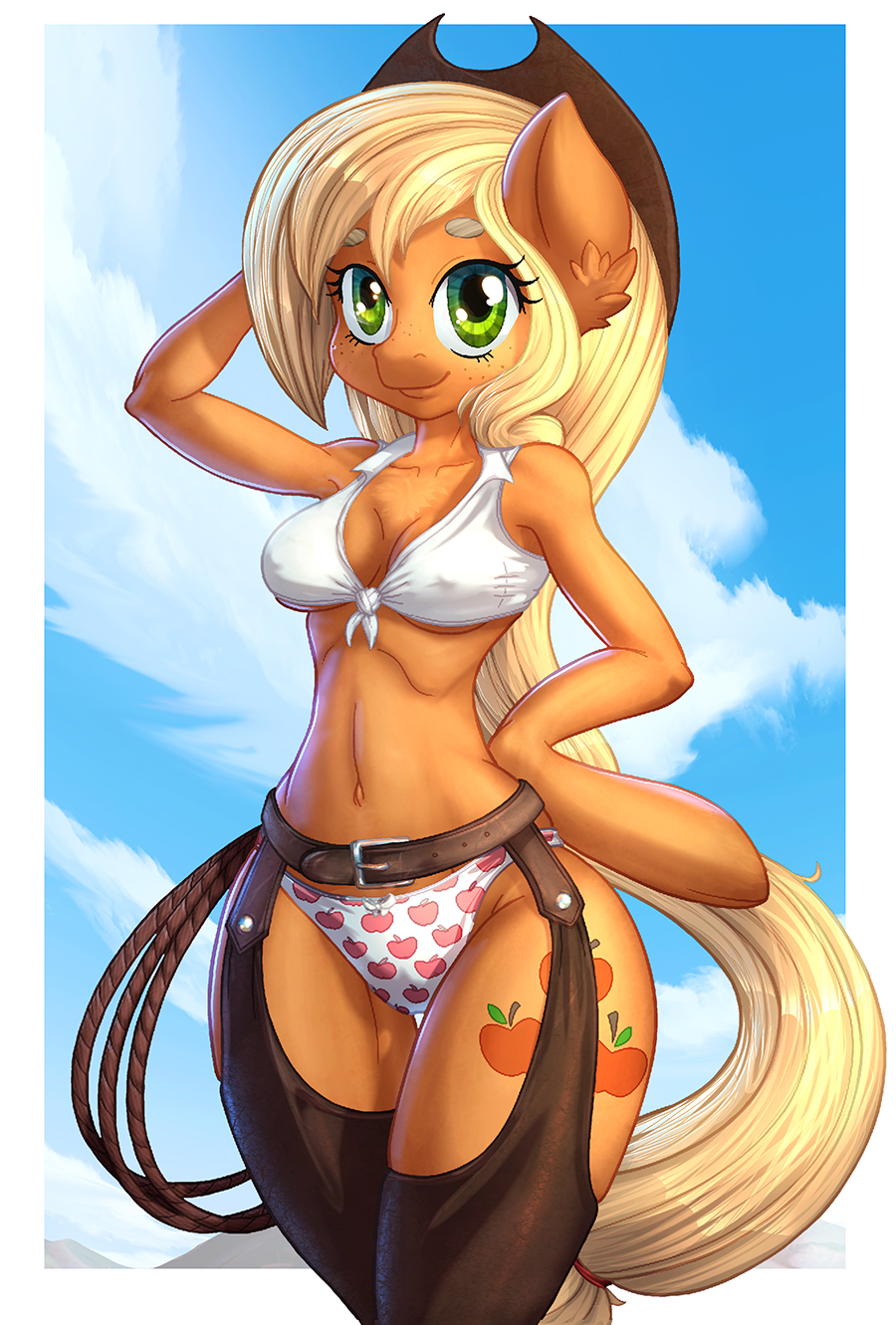 anthro applejack_(mlp) blonde_hair breasts clothed clothing cutie_mark equine eyelashes female friendship_is_magic fur green_eyes hair hat hooves mammal midriff my_little_pony navel orange_fur smile solo vest_(artist) wide_hips