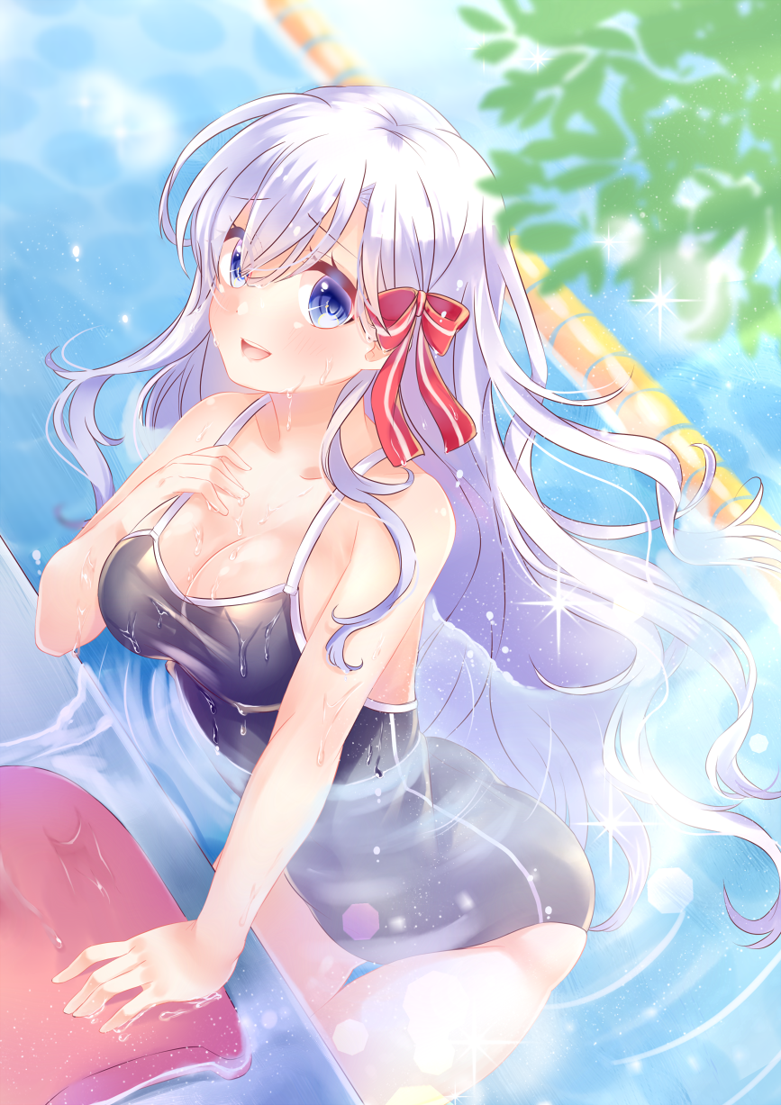 :d bangs blue_eyes blush bow breasts cleavage collarbone commentary competition_swimsuit day hair_between_eyes hair_bow hand_on_own_chest highres kickboard lane_line large_breasts lens_flare long_hair looking_at_viewer mashiro_aa moe2017 one-piece_swimsuit open_mouth original outdoors partially_submerged pool round_teeth silver_hair smile solo sparkle swimsuit teeth very_long_hair water wet