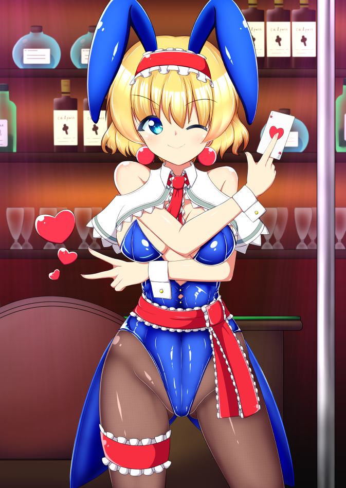 adapted_costume alcohol alice_margatroid animal_ears ascot ass_visible_through_thighs bar bare_shoulders blonde_hair blue_eyes blue_leotard bottle breasts bunny_ears bunnysuit card cleavage cup detached_collar drinking_glass groin hairband heart hips kagayama_hajime large_breasts leotard lolita_hairband one_eye_closed pantyhose sash shiny shiny_clothes short_hair sideboob smile solo stool thighs touhou wrist_cuffs wristband