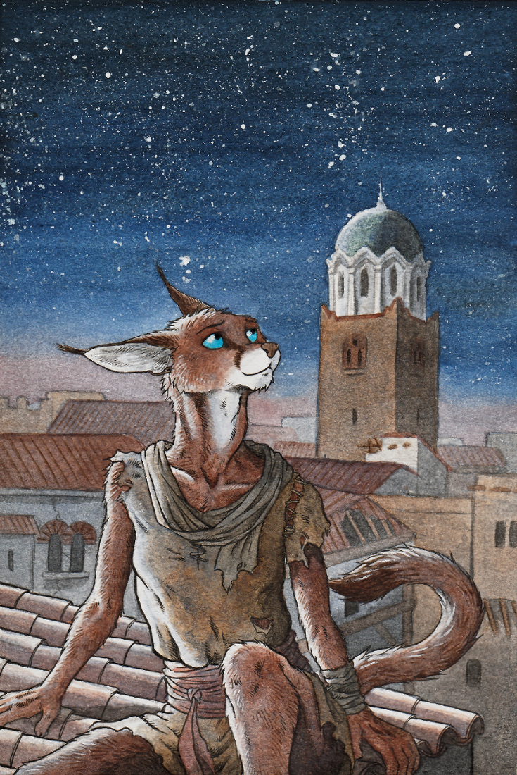 0laffson anthro blue_eyes brown_fur building caracal city clothed clothing ear_tuft feline female fur mammal night outside rags rooftop sash sitting sky solo star tuft