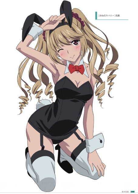 aiba_asagi animal_ears arm_up armpits black_footwear black_hairband black_legwear bow bowtie breasts brown_eyes brown_hair bunny_ears cleavage collarbone drill_hair fake_animal_ears garter_straps grey_legwear hair_ornament hair_scrunchie hairband hand_on_own_knee head_tilt high_heels kneeling leotard long_hair looking_at_viewer medium_breasts one_eye_closed red_bow scrunchie shoes simple_background smile solo strapless strapless_leotard strike_the_blood thighhighs two_side_up white_background wrist_cuffs