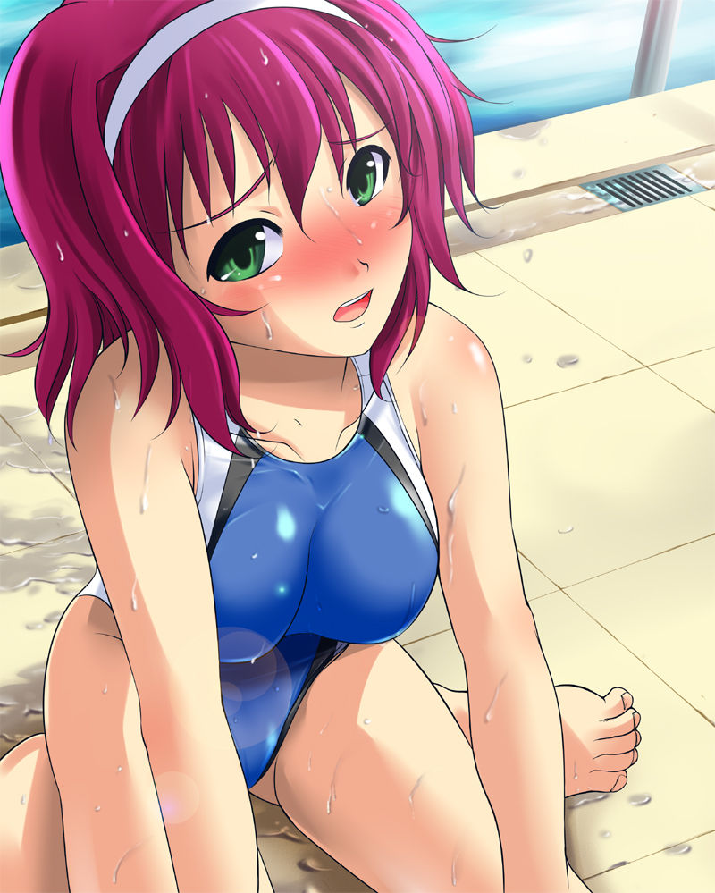 1girl bare_legs bare_shoulders blush breasts cleavage covered_navel crotch digdug006 drain_(object) embarrassed from_above green_eyes hair_ornament minagawa_harumi one-piece_swimsuit open_mouth pink_hair pool pool_ladder poolside short_hair solo swimsuit tile_floor tiles water wet wrestle_angels wrestle_angels_survivor wrestle_angels_survivor_2
