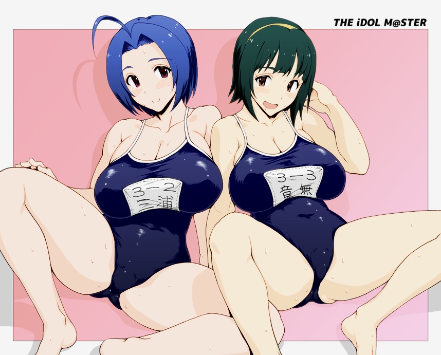 2girls ahoge ankles artist_request barefoot blue_hair blue_swimsuit breasts character_request cleavage covered_navel feet green_hair huge_breasts idolmaster large_breasts looking_at_viewer multiple_girls one-piece_swimsuit otonashi_kotori pink_background school_swimsuit short_hair smile sweat swimsuit text yellow_hairband