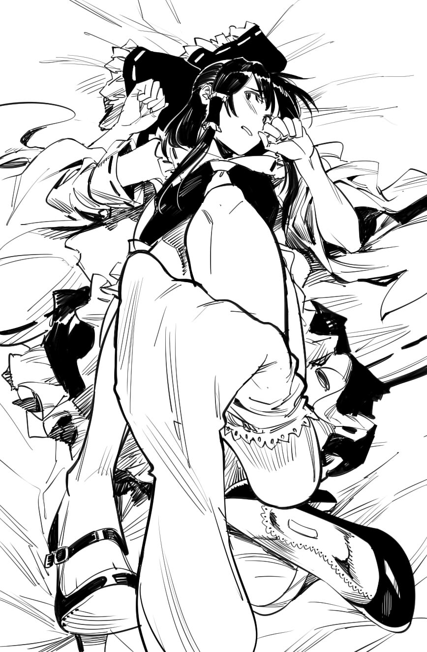ascot bangs bow detached_sleeves embarrassed feet frilled_shirt_collar frills greyscale hair_bow hair_tubes hakurei_reimu high_heels highres jpeg_artifacts leg_up looking_back lying monochrome on_back on_bed pov pov_feet removing_legwear ribbon-trimmed_collar ribbon-trimmed_headwear ribbon-trimmed_sleeves ribbon_trim ruukii_drift shirt shoe_removed shoes short_hair simple_background single_shoe sketch soles solo thighhighs touhou wide_sleeves