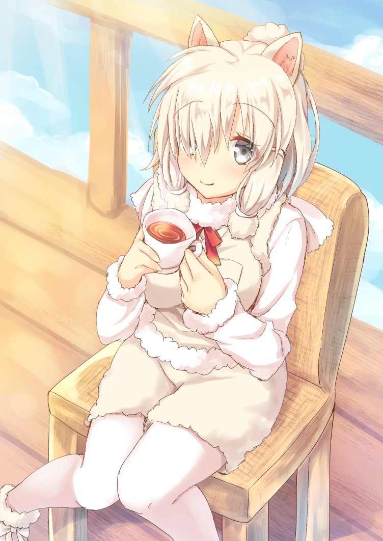 alpaca_ears alpaca_suri_(kemono_friends) animal_ears ankle_boots beige_footwear beige_vest blonde_hair blue_eyes blue_sky blush boots breast_pocket breasts chair cloud cloudy_sky commentary cup day dot_nose duplicate eyebrows_visible_through_hair eyelashes fur-trimmed_boots fur-trimmed_sleeves fur_collar fur_trim hair_bun hair_over_one_eye hair_ribbon holding holding_cup jpeg_artifacts kemono_friends knees_together_feet_apart large_breasts long_sleeves looking_at_viewer looking_up nagare_yoshimi neck_ribbon pantyhose pantyhose_under_shorts pocket ribbon shirt shoe_ribbon short_hair shorts sitting sky smile solo tail tareme tea teacup tress_ribbon vest white_legwear white_ribbon wooden_floor