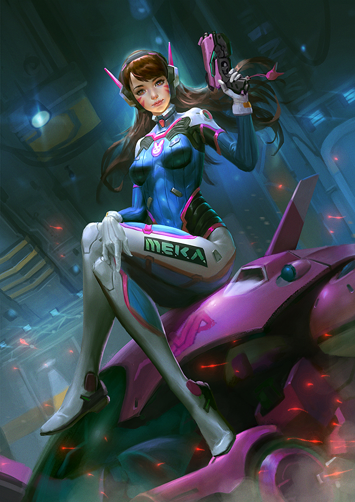 acronym alternate_eye_color animal_print arm_cannon bangs blue_bodysuit bodysuit boots bracer breasts breasts_apart brown_eyes brown_hair bunny_print character_name charm_(object) closed_mouth crossed_legs d.va_(overwatch) eyelashes facepaint facial_mark gloves gun hand_on_lap hand_up hanzheng_tang headphones indoors knee_pads legs_together lips long_hair long_sleeves mecha medium_breasts meka_(overwatch) nose overwatch pauldrons pilot_suit pink_lips purple_eyes ribbed_bodysuit shoulder_pads sitting skin_tight skindentation smile solo thigh_boots thigh_strap thighhighs trigger_discipline turtleneck weapon whisker_markings white_footwear white_gloves