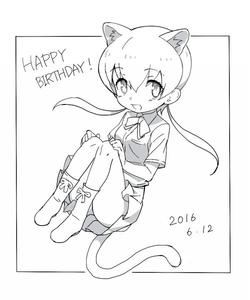 :d animal_ears black_border black_leopard_(kemono_friends) blush boots border collared_shirt dated dot_nose english eyebrows_visible_through_hair eyelashes floating floating_hair full_body greyscale hair_between_eyes hands_on_own_knees happy_birthday jpeg_artifacts kanemaru_(knmr_fd) kemono_friends knees_together_feet_apart long_hair looking_at_viewer low_twintails monochrome neck_ribbon official_art open_mouth outside_border panther_ears panther_tail pleated_skirt pocket ribbon sanpaku shirt shoe_ribbon short_sleeves simple_background skirt smile solo tail tareme twintails white_background