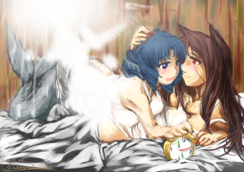 2girls alarm_clock animal_ears arm_support artist_name bed blue_eyes blue_hair brown_hair camisole cheesedehappy clock dated drill_hair face-to-face fingernails fins full_body hand_on_another's_head head_fins imaizumi_kagerou long_fingernails long_hair lying lying_on_person mermaid monster_girl multiple_girls nail_polish on_side on_stomach open_mouth panties red_eyes red_nails sharp_fingernails smile strap_slip sunlight touhou twitter_username underwear underwear_only wakasagihime wolf_ears yuri
