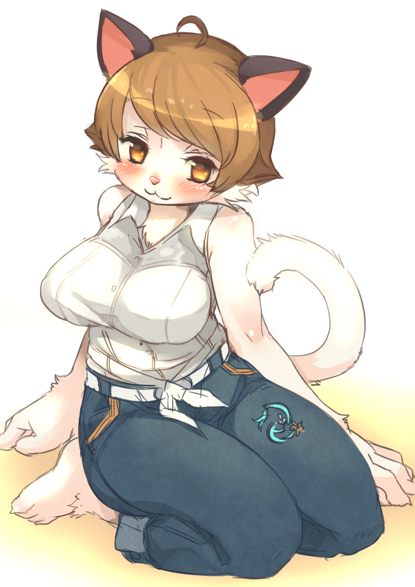 2012 amber_eyes anthro big_breasts blush breasts brown_hair cat clothed clothing feline female fully_clothed fur hair kemono kishibe kneeling looking_at_viewer mammal short_hair simple_background solo tied_shirt white_background white_fur