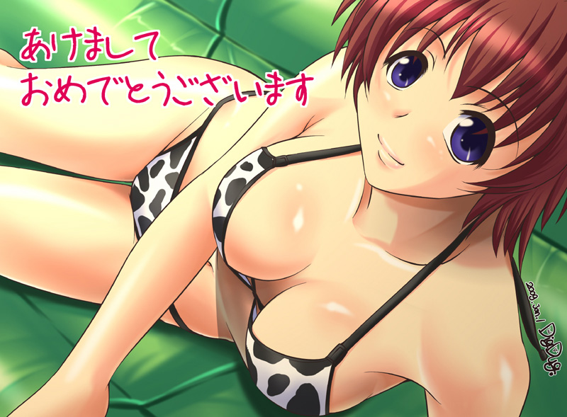 1girl bare_legs bare_shoulders bikini blue_eyes brown_hair cow_print crotch digdug006 looking_at_viewer lying navel short_hair solo swimsuit text thighs wrestle_angels wrestle_angels_survivor yoshihara_mimi