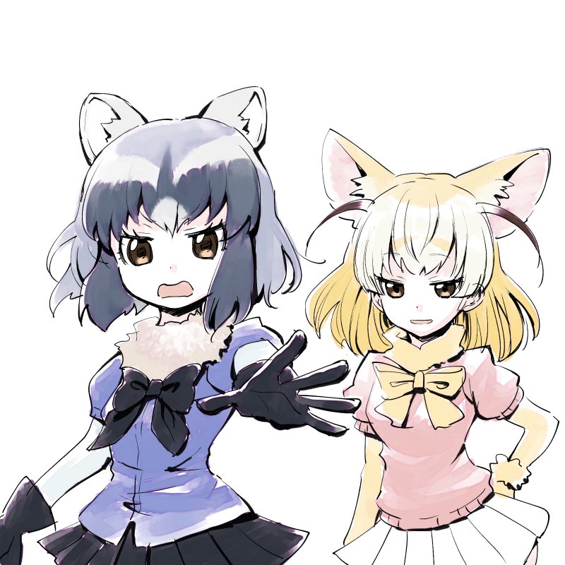 :d ahoge animal_ears arm_behind_back black_gloves black_neckwear black_ribbon black_skirt blonde_hair blue_hair blue_shirt bodystocking brown_eyes brown_hair commentary_request common_raccoon_(kemono_friends) d: dot_nose eyebrows_visible_through_hair eyelashes fennec_(kemono_friends) fox_ears fur_collar gloves gradient_hair inumoto jitome jpeg_artifacts kemono_friends lavender_hair looking_at_another looking_at_viewer multicolored_hair multiple_girls neck_ribbon open_mouth outstretched_hand partially_colored pink_shirt pleated_skirt puffy_short_sleeves puffy_sleeves raccoon_ears raised_eyebrows ribbon shirt short_hair short_sleeves simple_background sketch skirt smile smug two-tone_hair upper_body v-shaped_eyebrows white_background white_skin white_skirt wristband yellow_ribbon