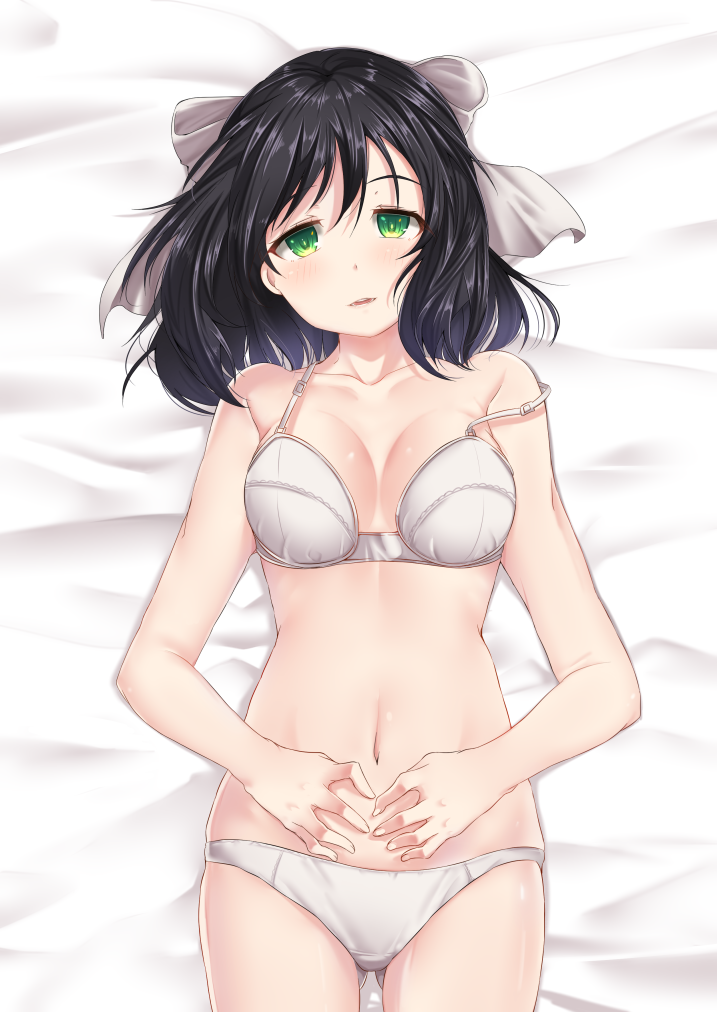 ass_visible_through_thighs bare_shoulders black_hair blush bra commentary_request green_eyes hair_ribbon hand_on_own_stomach kohinata_miku looking_at_viewer lying mad_(hazukiken) navel panties ribbon senki_zesshou_symphogear short_hair solo strap_slip underwear white_bra white_panties