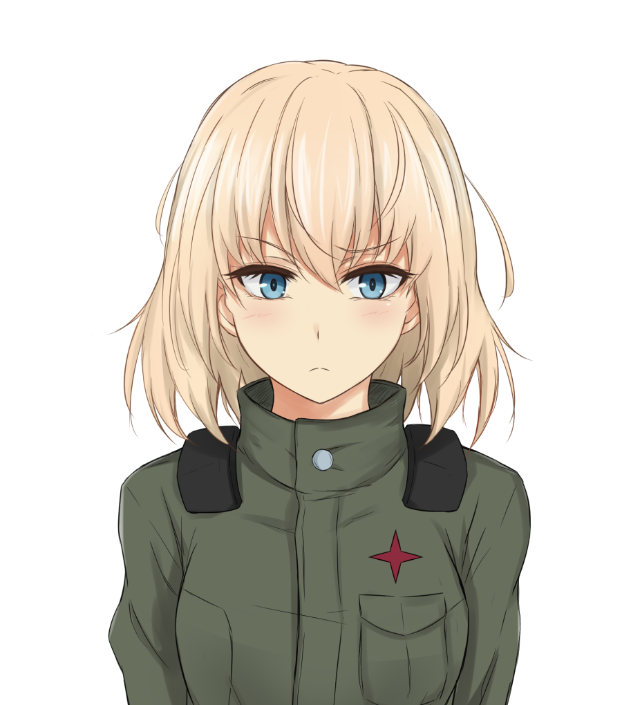 arms_at_sides blonde_hair blue_eyes blush breast_pocket closed_mouth commentary_request emblem frown girls_und_panzer green_jacket jacket katyusha looking_at_viewer military military_uniform piro_(iiiiiiiiii) pocket pravda_(emblem) pravda_military_uniform short_hair solo turtleneck uniform upper_body white_background