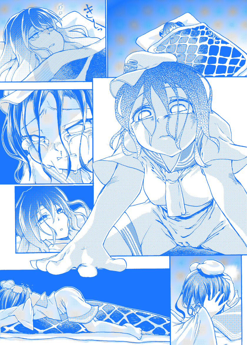 anchor_print barefoot bed blue breasts cameltoe comic comizku commentary crying crying_with_eyes_open gradient_hair hat head_hug hijiri_byakuren hug long_hair lying monochrome multicolored_hair multiple_girls murasa_minamitsu neckerchief no_pupils on_back on_person pillow sailor sailor_collar sailor_hat short_hair short_sleeves shorts silent_comic small_breasts streaming_tears tearing_up tears touhou under_covers waking_up wet wet_hair