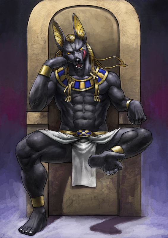 abs anthro anubian_jackal anubis black_nose canine clothing deity feet foot_focus jackal licking licking_lips loincloth mammal muscular tongue tongue_out エンボス