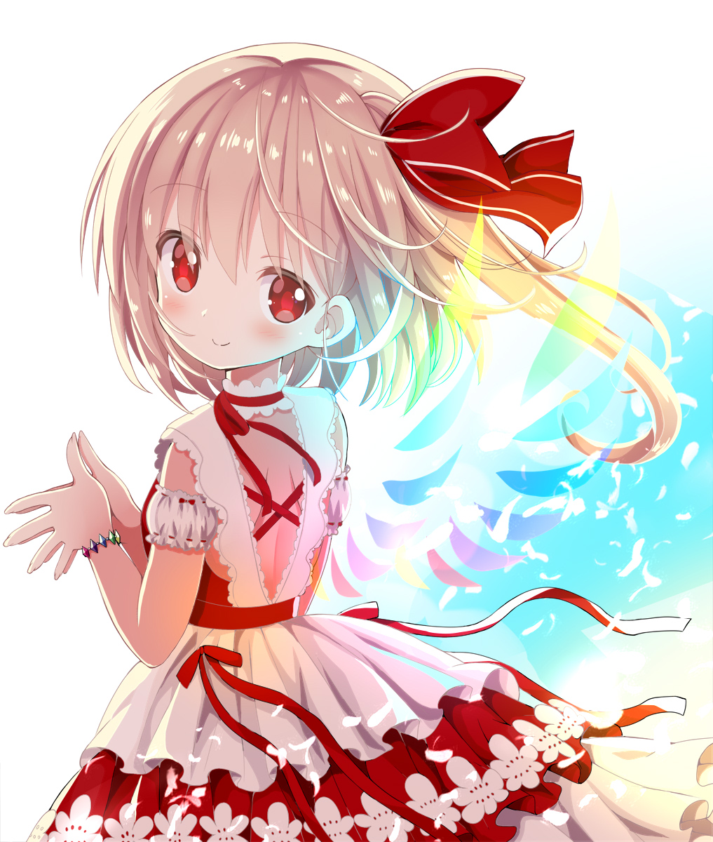 alternate_costume bangs blonde_hair bracelet detached_collar dress flandre_scarlet givuchoko hair_ribbon highres jewelry layered_dress looking_at_viewer md5_mismatch red_dress red_eyes red_ribbon ribbon side_ponytail smile solo touhou upper_body wings