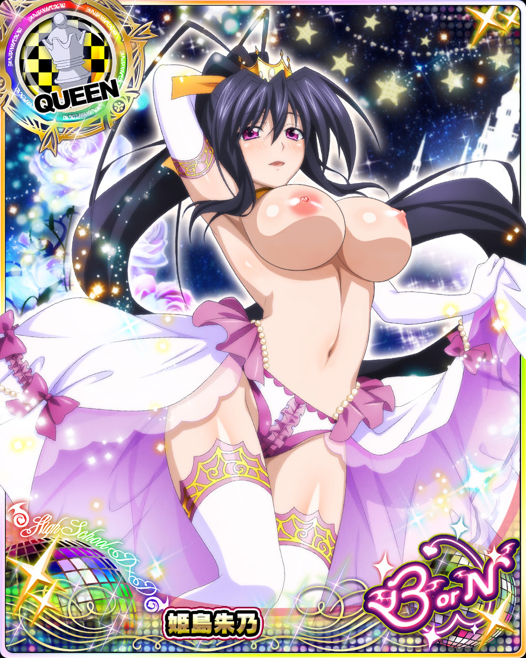 1girl areolae black_hair blush breasts card_(medium) high_school_dxd himejima_akeno large_breasts long_hair looking_at_viewer navel nipples open_mouth photoshop pink_eyes ponytail smile solo thighhighs topless very_long_hair