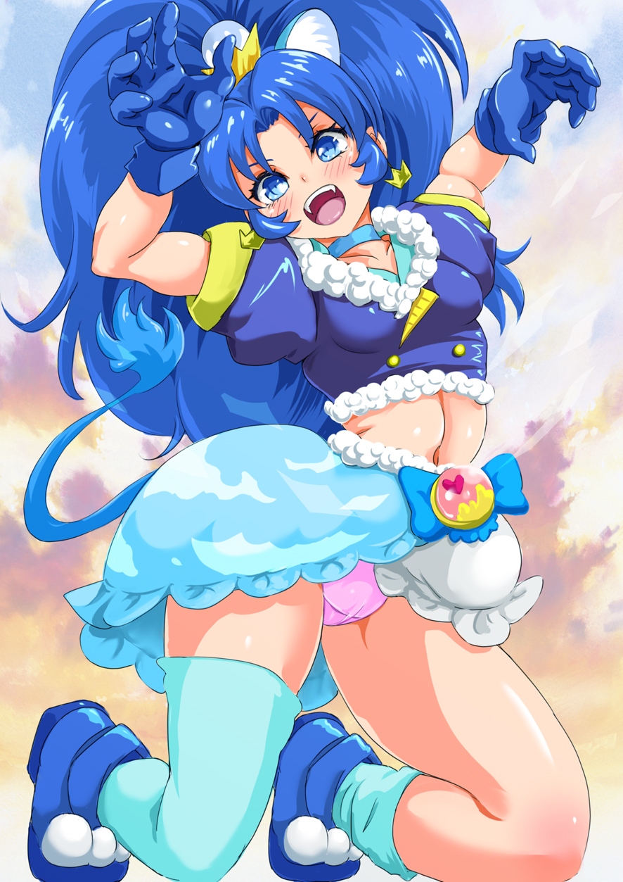 animal_ears blue blue_choker blue_eyes blue_gloves blue_hair choker cure_gelato extra_ears gloves highres kirakira_precure_a_la_mode lion_ears lion_tail long_hair looking_at_viewer magical_girl midriff open_mouth panties pink_panties precure smile solo tail tategami_aoi thighhighs thighs underwear yamasan_(hachiman)