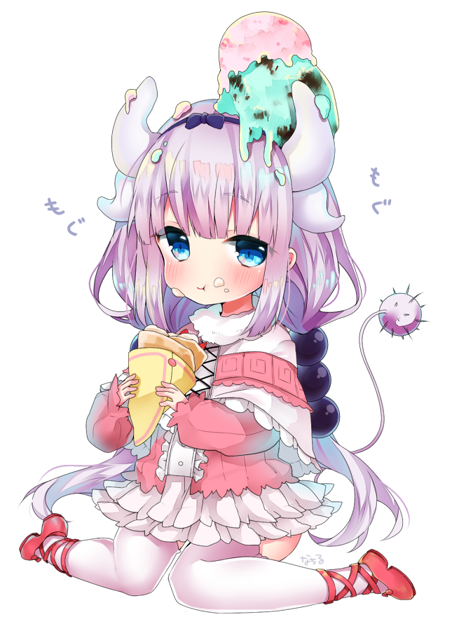 :t bangs blue_eyes blue_ribbon capelet closed_mouth commentary_request cream cream_on_face crepe dragon_girl dragon_horns dragon_tail eating eyebrows_visible_through_hair food food_on_face food_on_head frills full_body hair_ribbon holding holding_food horns ice_cream kanna_kamui kobayashi-san_chi_no_maidragon lavender_hair long_hair looking_at_viewer nachiru object_on_head purple_hair red_footwear ribbon shoes simple_background sitting skirt solo tail wariza white_background white_skirt