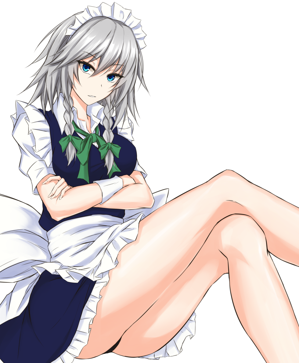 apron ass bangs bare_legs black_panties blue_dress blue_eyes bow braid breasts commentary_request crossed_arms crossed_legs dress eyebrows_visible_through_hair eyelashes feet_out_of_frame frilled_dress frills green_bow green_neckwear green_ribbon hair_between_eyes hair_bow head_tilt izayoi_sakuya looking_at_viewer maid maid_apron maid_headdress medium_breasts neck_ribbon panties pantyshot pantyshot_(sitting) parted_lips petticoat piro_(iiiiiiiiii) puffy_short_sleeves puffy_sleeves ribbon shiny shiny_skin short_dress short_hair short_sleeves silver_hair sitting solo thighs touhou tsurime twin_braids underwear waist_apron white_apron white_background wing_collar wrist_cuffs