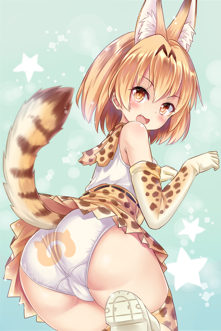 animal_ears ass bare_shoulders bent_over blonde_hair blush cameltoe elbow_gloves extra_ears fang from_behind gloves japari_symbol kemono_friends looking_at_viewer looking_back md5_mismatch open_mouth panties pantyshot print_legwear print_panties revision serval_(kemono_friends) serval_ears serval_print serval_tail shimokirin shirt shoes short_hair skirt sleeveless smile solo tail thighhighs trefoil underwear white_panties yellow_eyes