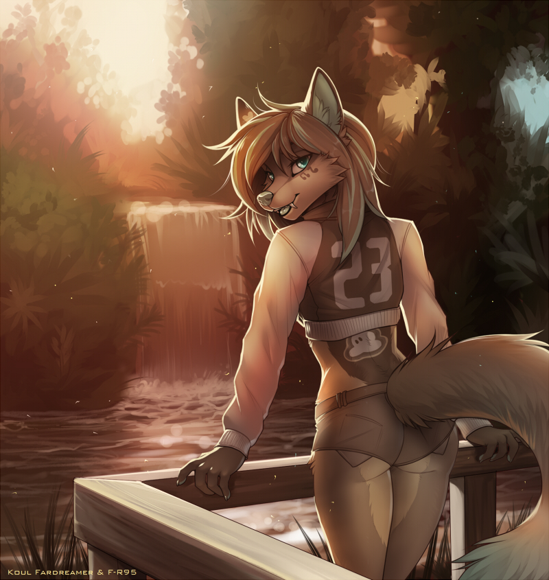 5_fingers anthro canine clothed clothing day detailed_background f-r95 female koul looking_at_viewer looking_back mammal outside smile solo waterfall