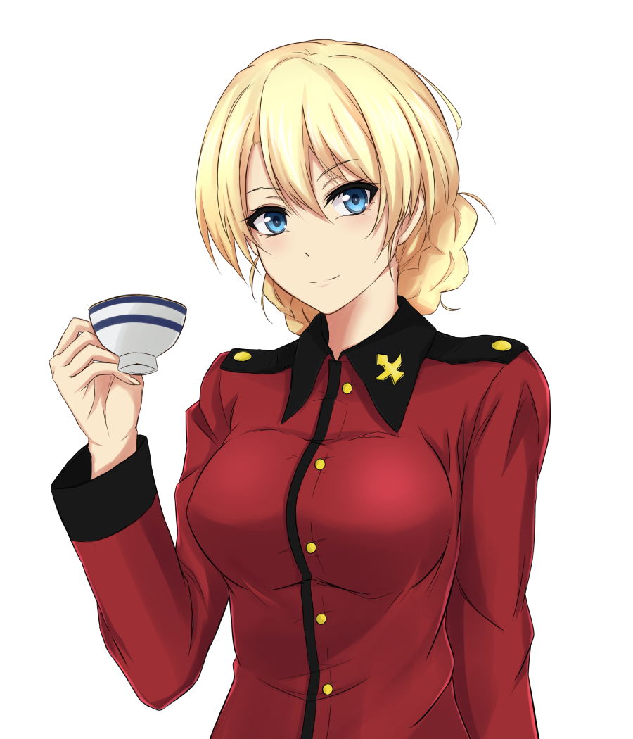 bangs blonde_hair blue_eyes blush breasts buttons closed_mouth commentary_request cup darjeeling emblem girls_und_panzer hair_between_eyes holding holding_cup jacket large_breasts long_sleeves looking_at_viewer military military_uniform piro_(iiiiiiiiii) red_jacket short_hair smile solo st._gloriana's_military_uniform teacup tied_hair uniform