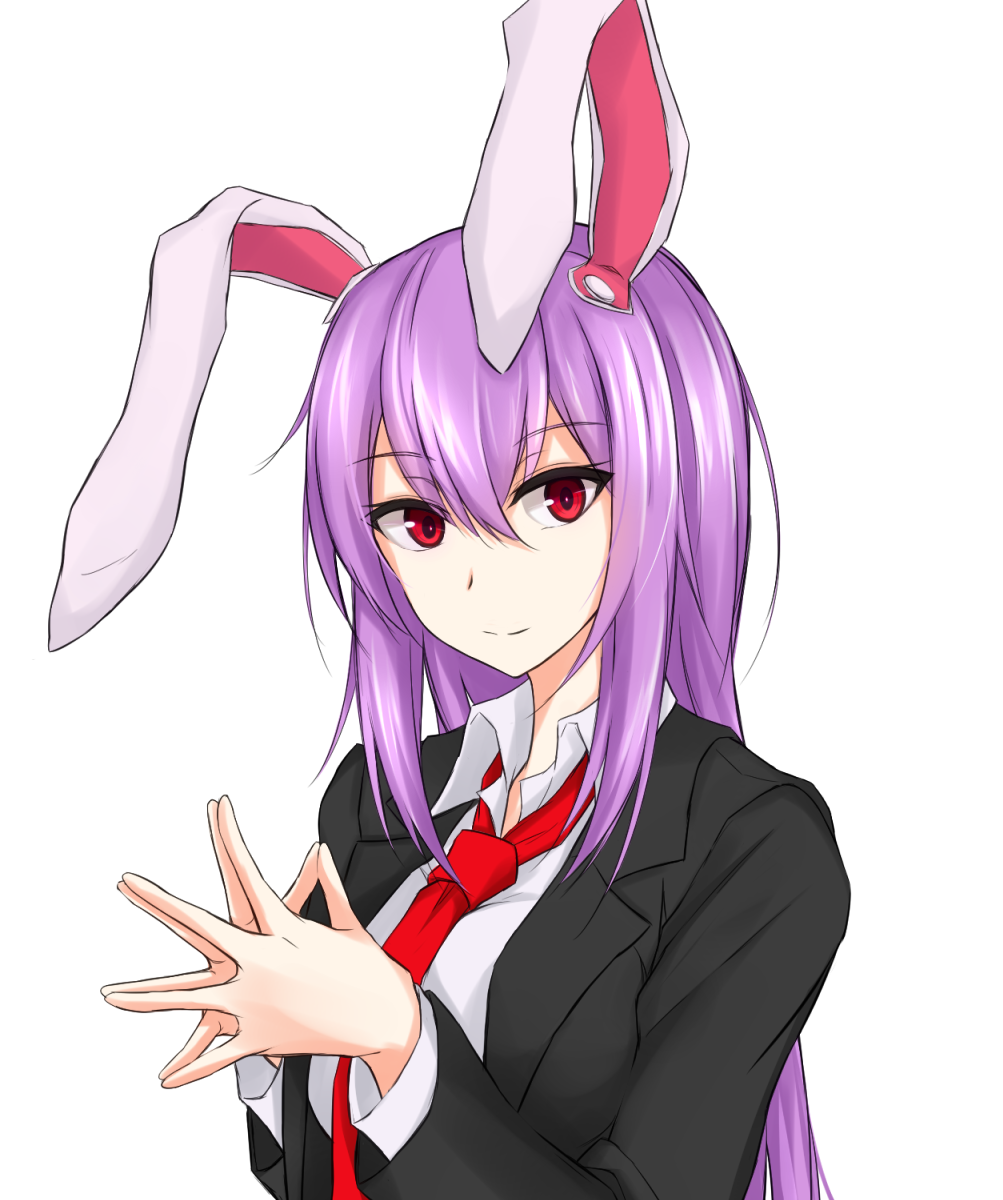 animal_ears blazer breasts bunny_ears closed_mouth commentary_request fingers_together hair_between_eyes highres jacket large_breasts long_hair long_sleeves looking_at_viewer necktie open_blazer open_clothes open_jacket piro_(iiiiiiiiii) purple_hair red_eyes red_neckwear reisen_udongein_inaba shirt sidelocks smile solo steepled_fingers touhou upper_body white_background white_shirt