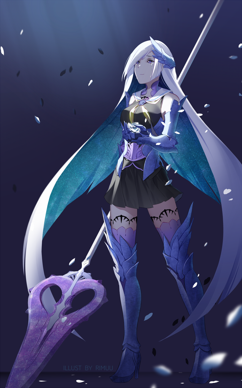 armor artist_name bare_shoulders black_dress blue_legwear boots brynhildr_(fate) brynhildr_romantia closed_mouth crying crying_with_eyes_open dress fate/prototype fate/prototype:_fragments_of_blue_and_silver fate_(series) full_body highres long_hair looking_up petals polearm purple_eyes purple_legwear rimuu short_dress silver_hair simple_background solo spear sunlight tears thigh_boots thighhighs very_long_hair weapon