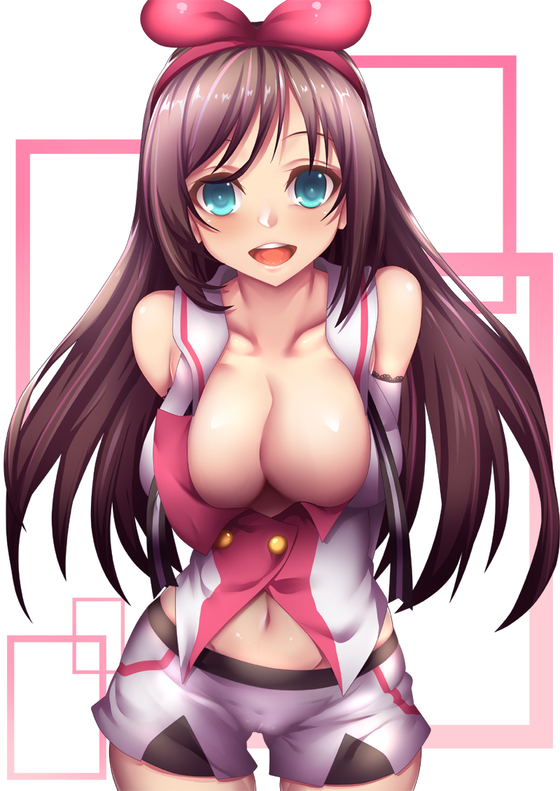 :d a.i._channel arms_behind_back bangs bare_shoulders blue_eyes breasts brown_hair cameltoe cleavage collarbone commentary_request cowboy_shot elbow_gloves fi-san gloves groin hairband kizuna_ai large_breasts long_hair looking_at_viewer multicolored_hair navel open_mouth pink_hair shorts smile solo streaked_hair teeth two-tone_hair virtual_youtuber