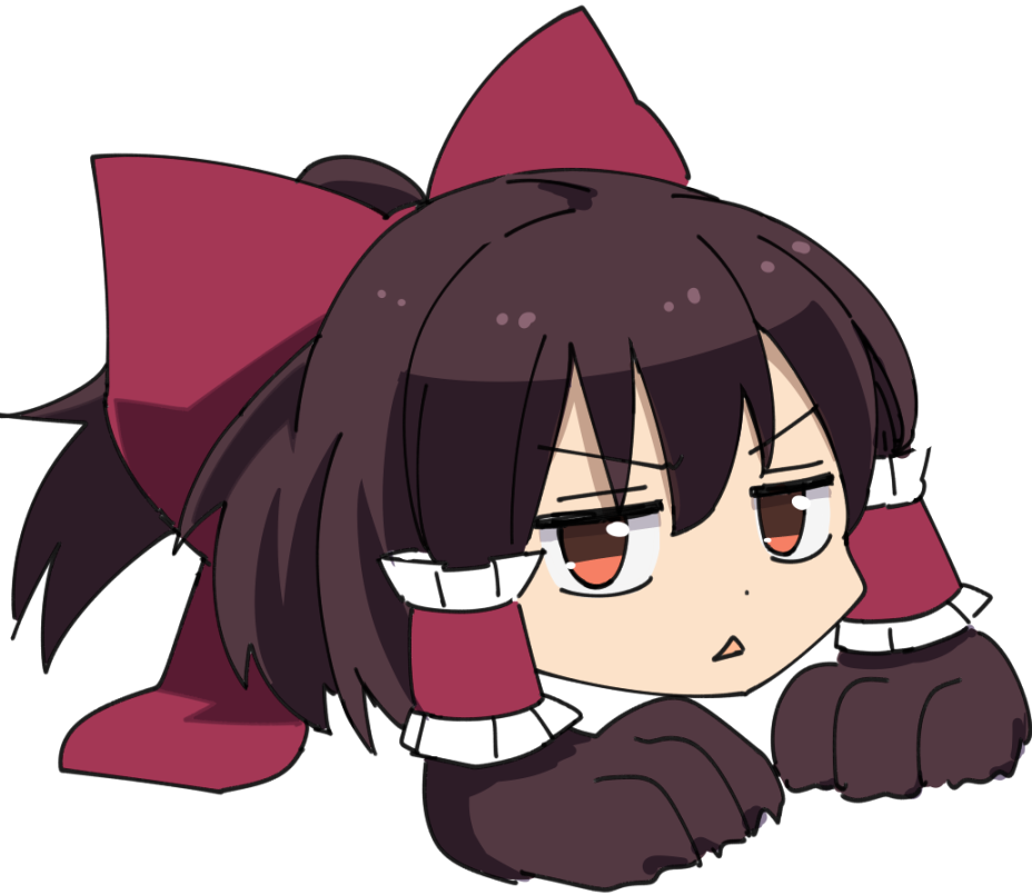 :&lt; annoyed blush bow brown_hair chigaunsuyo closed_mouth commentary hair_bow hair_tubes hakurei_reimu jitome large_bow leon_(mikiri_hassha) paws ponytail red_eyes short_hair solo touhou triangle_mouth v-shaped_eyebrows