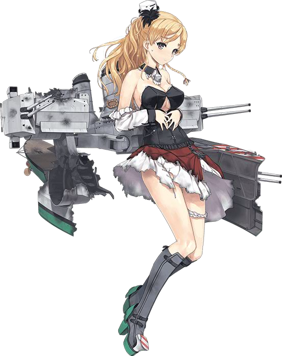 :o bare_shoulders blonde_hair braid breasts brown_legwear cannon cleavage_cutout corset french_braid full_body garters jiji jpeg_artifacts kantai_collection large_breasts layered_skirt long_sleeves lossy-lossless machinery miniskirt official_art open_mouth remodel_(kantai_collection) skirt solo torn_clothes transparent_background turret wavy_hair zara_(kantai_collection)