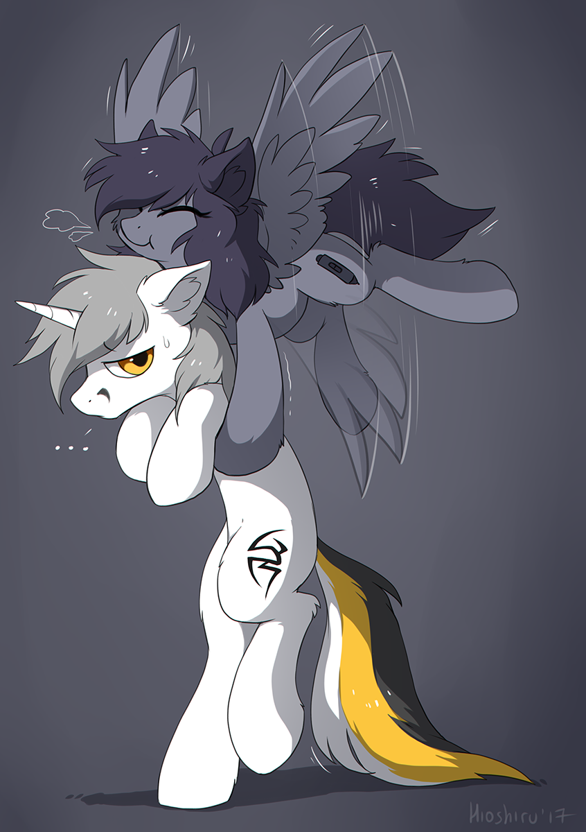2017 cutie_mark duo equine eyes_closed fan_character feathered_wings feathers female flying fur grey_background grey_feathers grey_fur grey_hair hair hioshiru hooves horn male mammal my_little_pony pegasus simple_background smile unicorn white_fur wings yellow_eyes