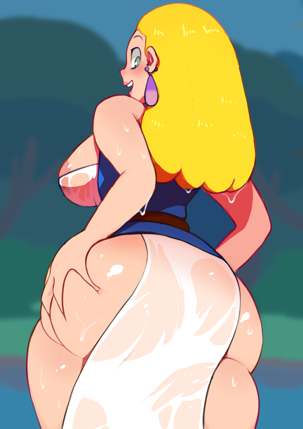areola_slip areolae ass blonde_hair breasts from_behind highres j-10_(steven_universe) loincloth looking_back open_mouth see-through smile solo steven_universe thick_thighs thighs torionion wet wet_clothes