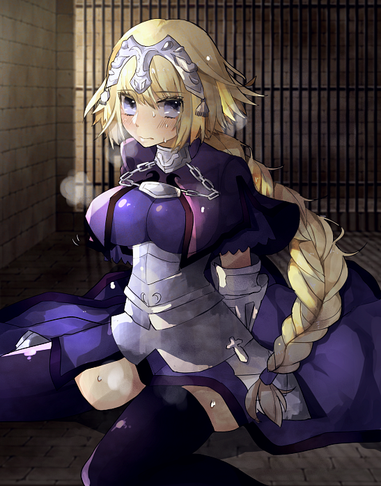 1girl armor blonde_hair blush braid breasts chains dress fate/apocrypha fate_(series) headgear large_breasts looking_at_viewer purple_eyes ruler_(fate/apocrypha) solo thighhighs very_long_hair