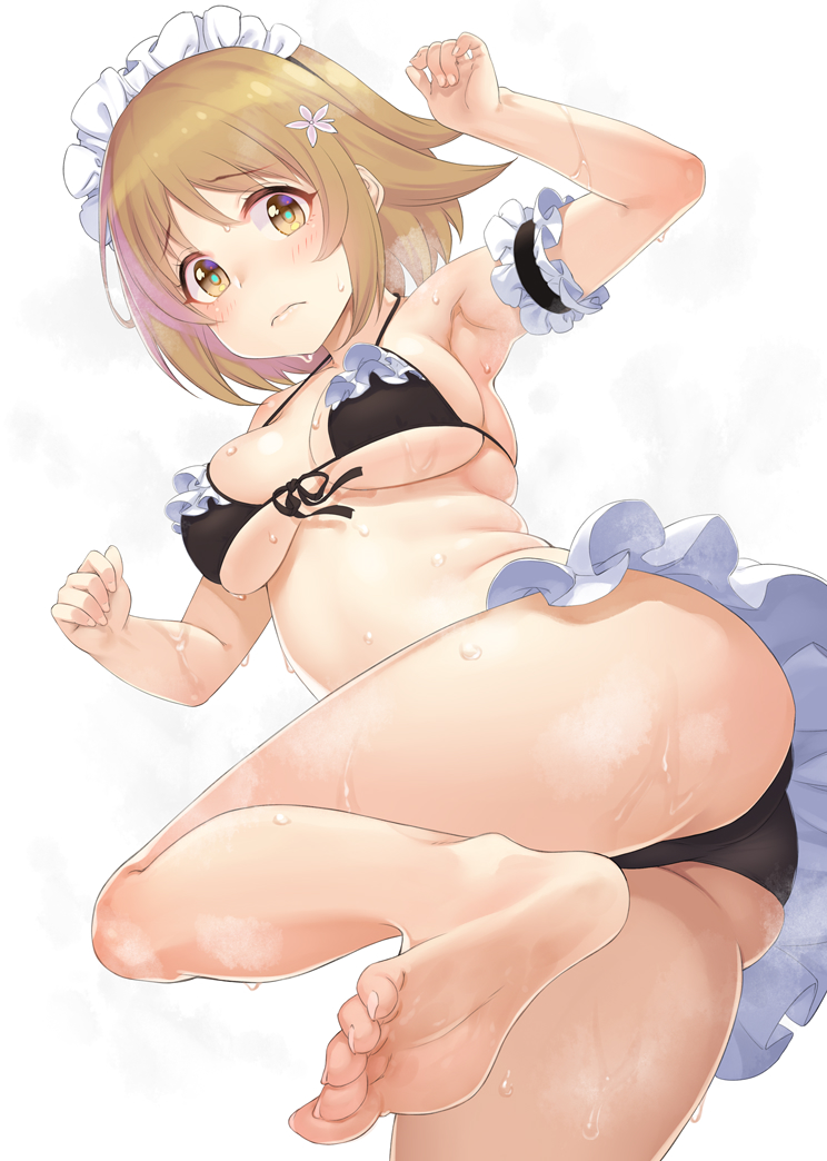 alternate_costume apron arm_up armpits ass barefoot bikini black_bikini blush breasts brown_eyes brown_hair clenched_hands commentary_request curvy enmaided feet flower frills front-tie_top hair_flower hair_ornament idolmaster idolmaster_cinderella_girls large_breasts looking_at_viewer maid maid_apron maid_bikini maid_headdress mimura_kanako plump short_hair sideboob simple_background soles solo swimsuit terumii toes underboob waist_apron white_background