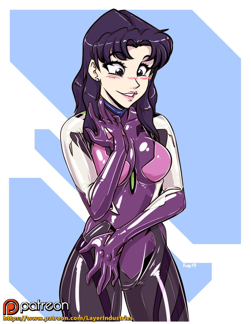 1girl bangs blush bodysuit breasts brown_eyes commanderrab earrings evangelion_3.0 katsuragi_misato large_breasts latex latex_suit lip_bite long_hair neon_genesis_evangelion patreon plugsuit purple_hair rabidgundam skin_tight solo