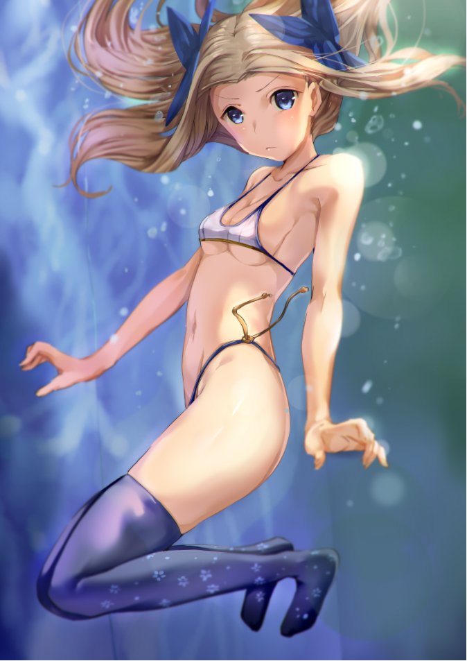 alternate_costume arms_at_sides asakaze_(kantai_collection) bangs bikini blue_eyes blue_legwear breasts floating_hair floral_print from_side full_body hair_ribbon halter_top halterneck highleg highleg_bikini kantai_collection light_brown_hair light_particles long_hair looking_at_viewer navel parted_bangs ribbon satou_daiji serious side-tie_bikini sideboob sidelocks small_breasts solo stomach swimsuit thighhighs thighs underboob wavy_hair